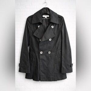 Via Spiga Trench Coat XS Black Double Breasted Belted Back Silver Button Details